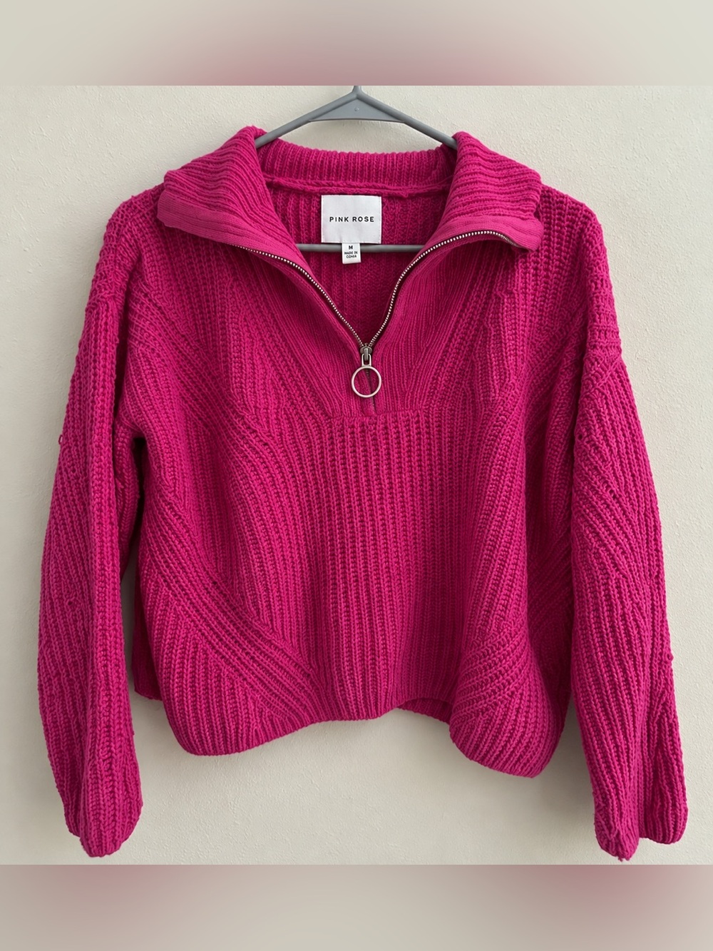 Pink Rose Hot Pink Chunky Knit Half Zip Sweater Women’s M Ring Zip Y2K Cozy